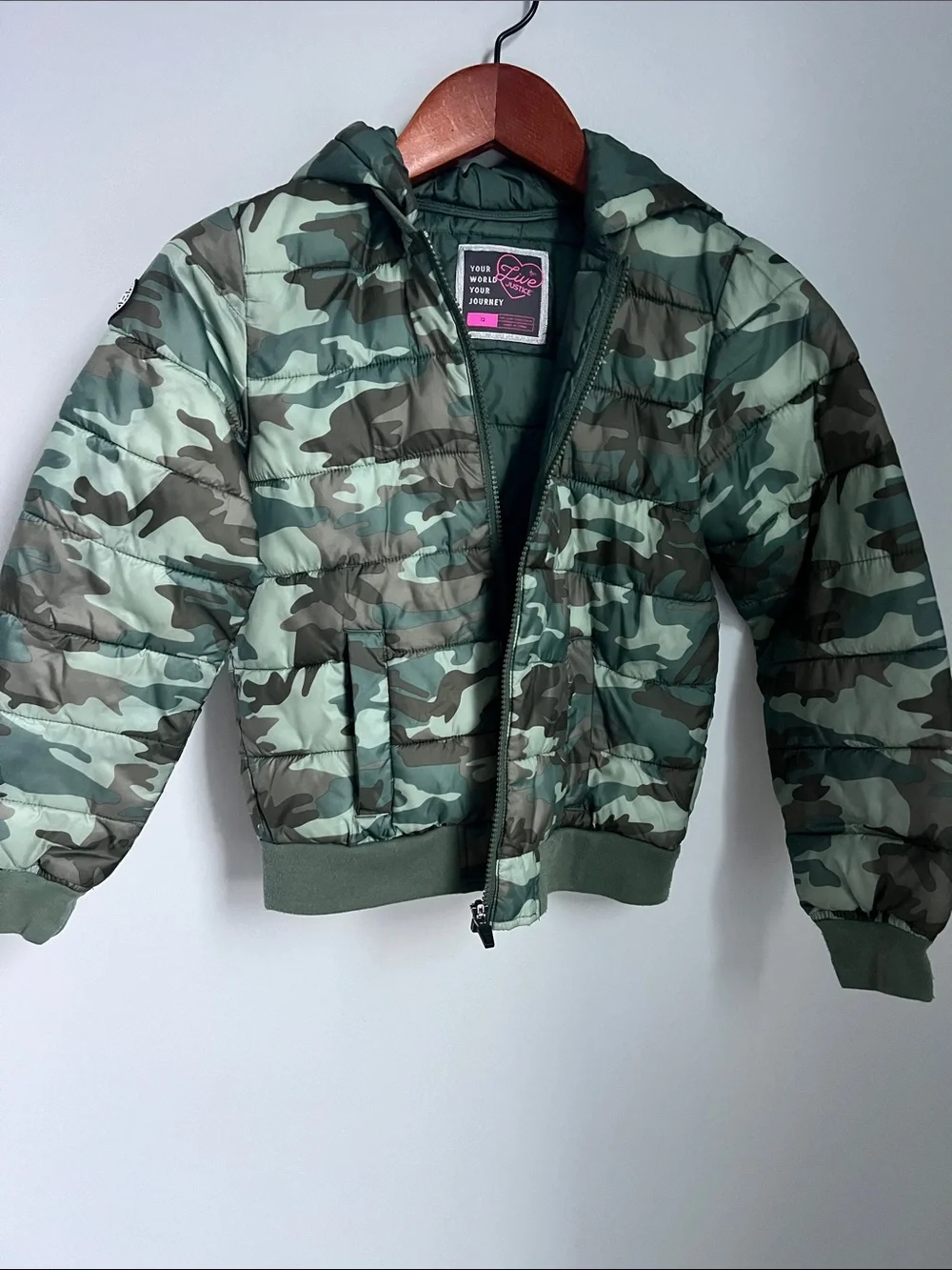 Justice | Kids Green Camo Hooded Puffer Jacket The Coat Collection Size 12